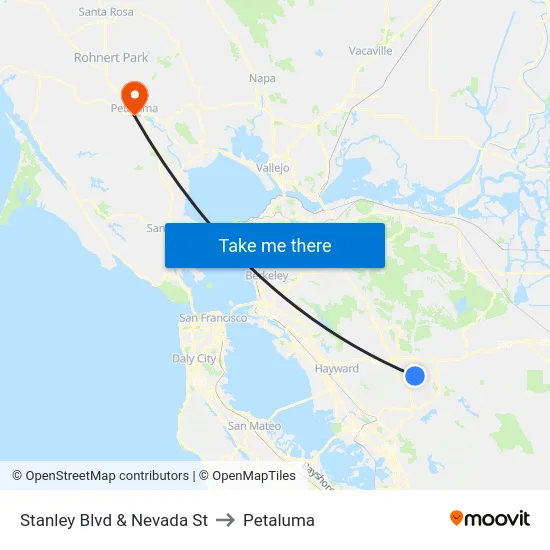 Stanley Blvd & Nevada St to Petaluma map