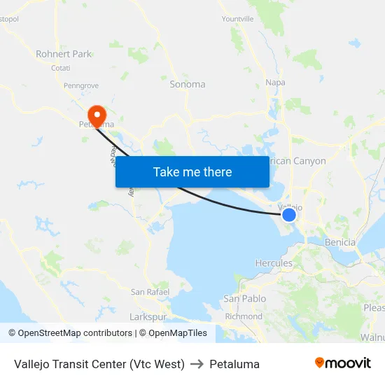 Vallejo Transit Center (Vtc West) to Petaluma map