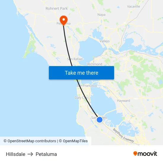 Hillsdale to Petaluma map