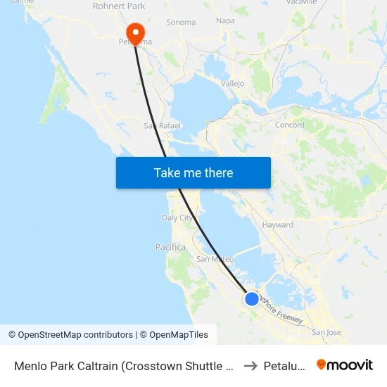 Menlo Park Caltrain (Crosstown Shuttle Stop) to Petaluma map