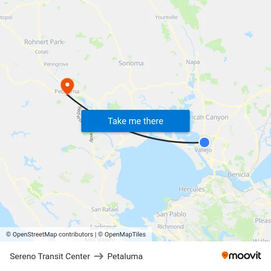 Sereno Transit Center to Petaluma map