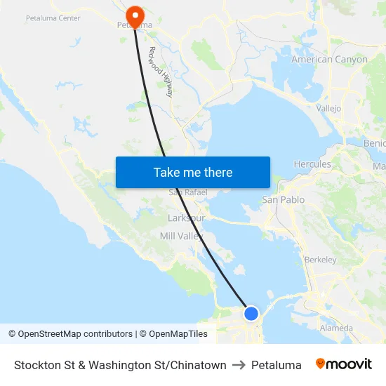 Stockton St & Washington St/Chinatown to Petaluma map