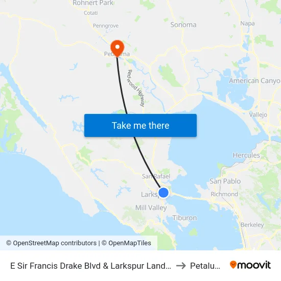 E Sir Francis Drake Blvd & Larkspur Landing to Petaluma map
