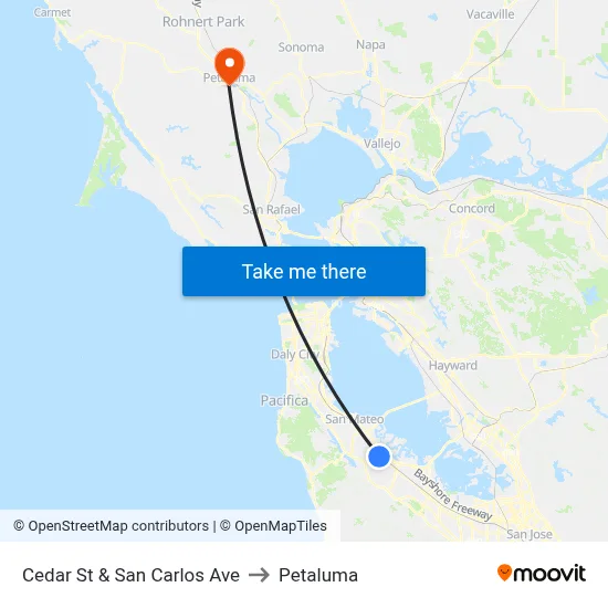 Cedar St & San Carlos Ave to Petaluma map