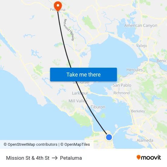 Mission St & 4th St to Petaluma map