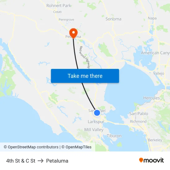 4th St & C St to Petaluma map