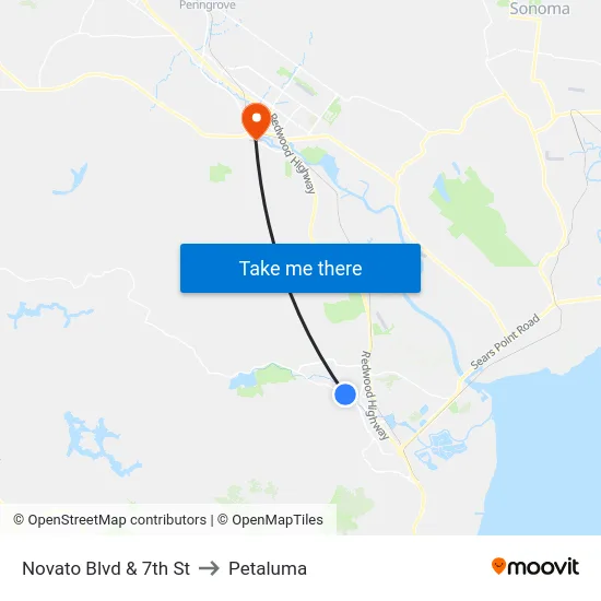Novato Blvd & 7th St to Petaluma map