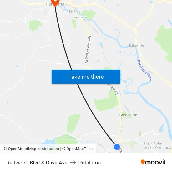 Redwood Blvd & Olive Ave to Petaluma map