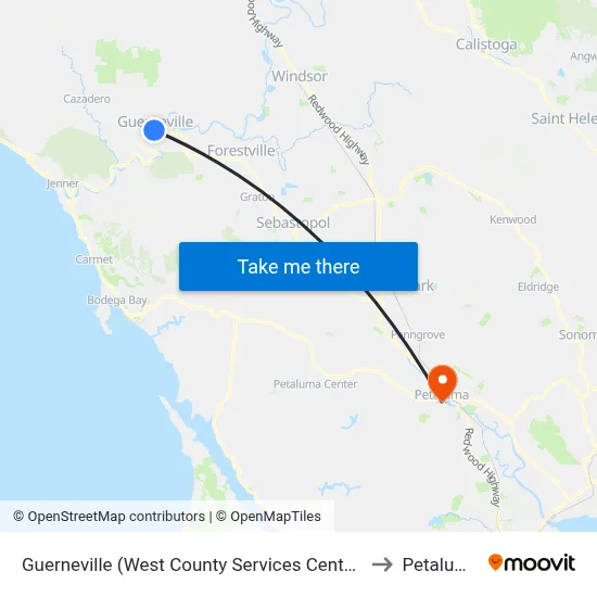 Guerneville (West County Services Center) to Petaluma map