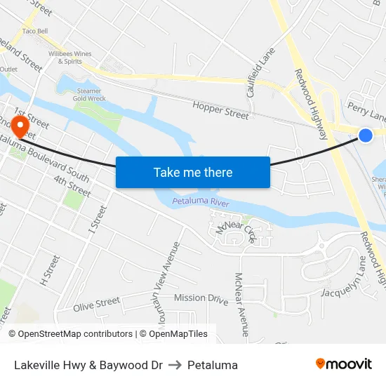 Lakeville Hwy & Baywood Dr to Petaluma map