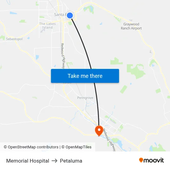 Memorial Hospital to Petaluma map