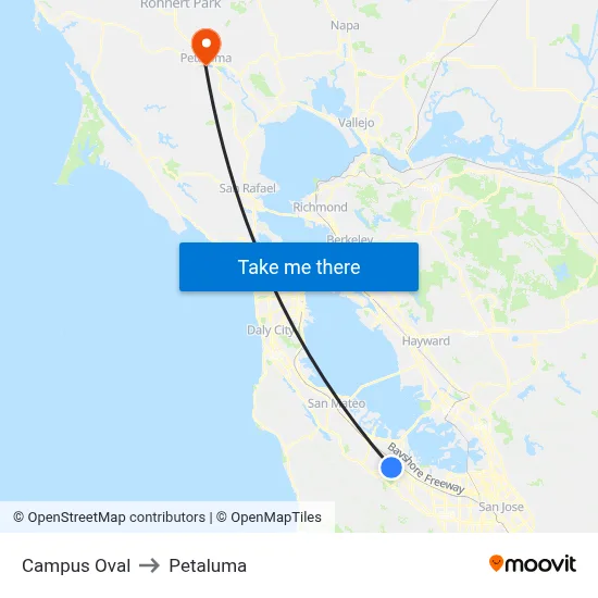Campus Oval to Petaluma map