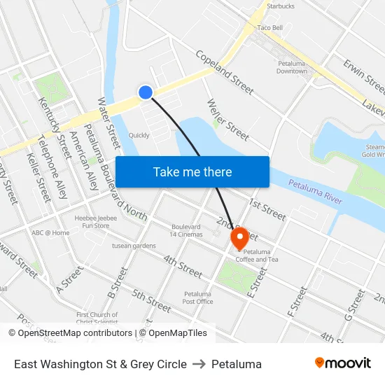 East Washington St & Grey Circle to Petaluma map