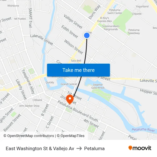 East Washington St & Vallejo Av to Petaluma map