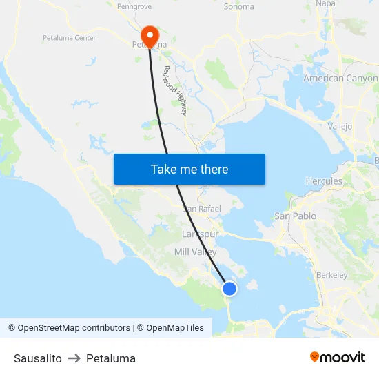 Sausalito to Petaluma map