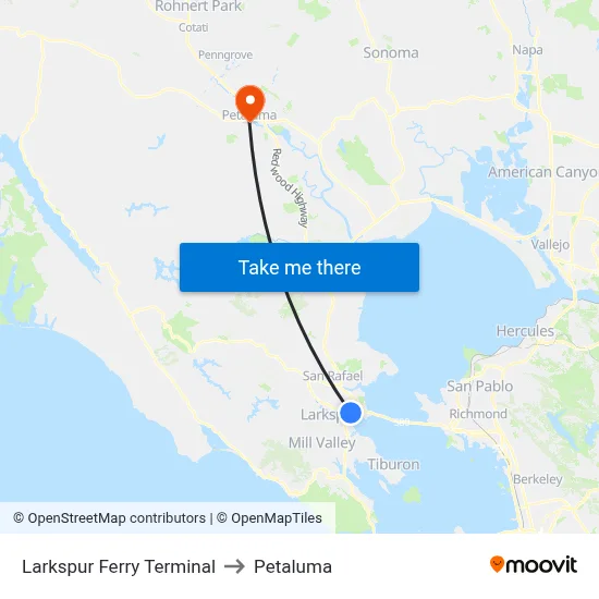 Larkspur to Petaluma map