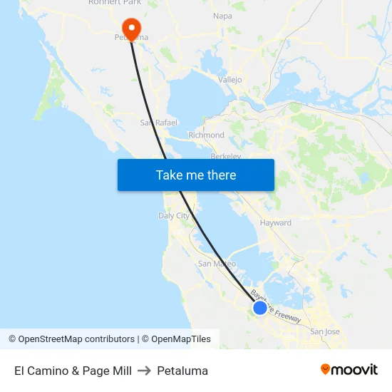El Camino & Page Mill to Petaluma map