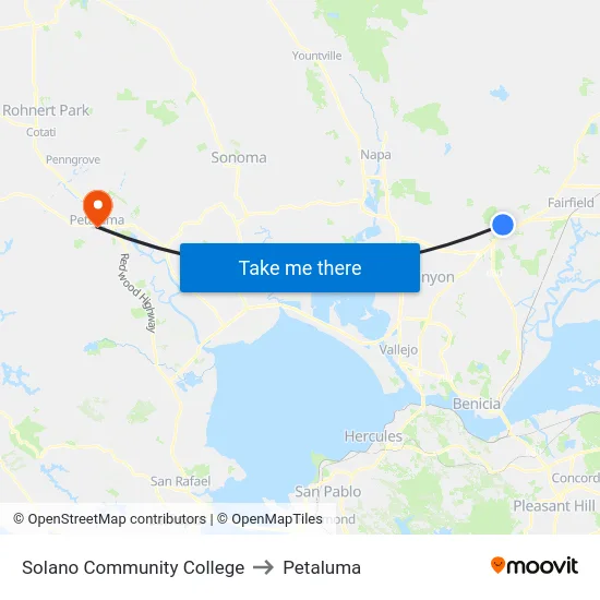 Solano Community College to Petaluma map