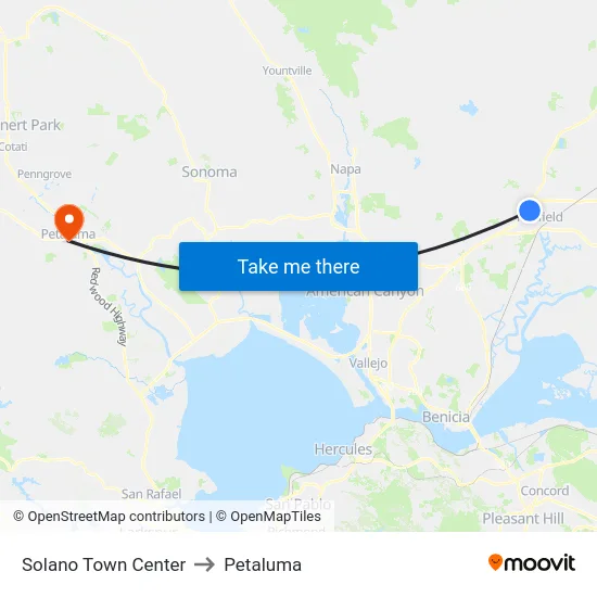 Solano Town Center to Petaluma map