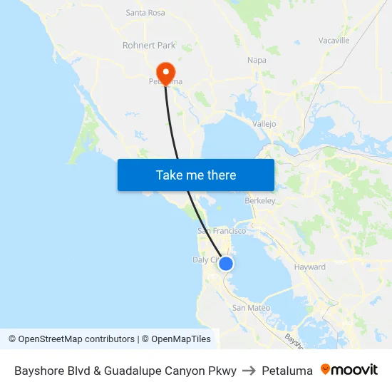 Bayshore Blvd & Guadalupe Canyon Pkwy to Petaluma map