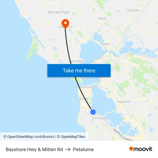 Bayshore Hwy & Mitten Rd to Petaluma map
