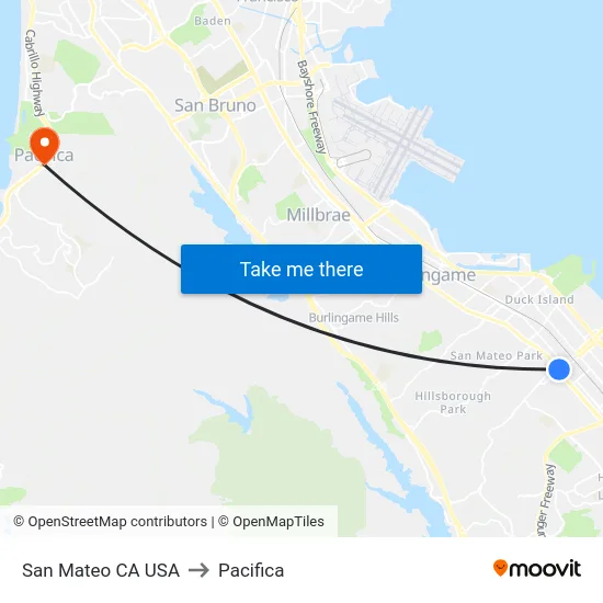 San Mateo CA USA to Pacifica map