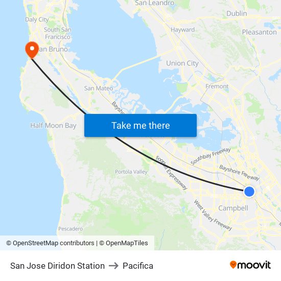 San Jose Diridon Station to Pacifica map