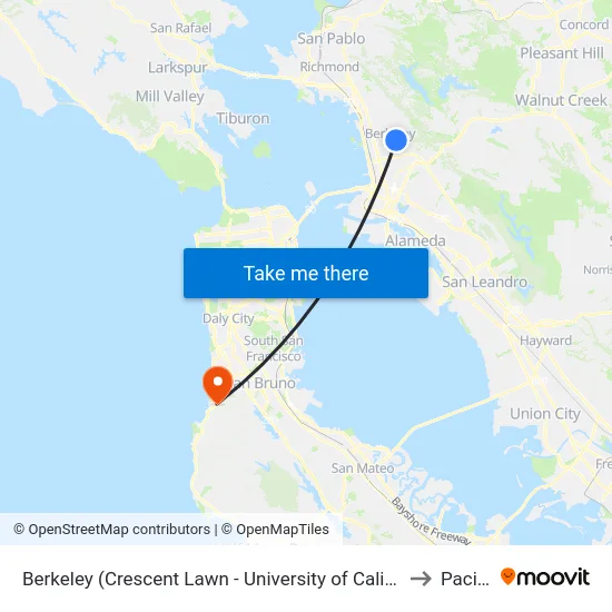 Berkeley (Crescent Lawn - University of California, Berkeley) to Pacifica map