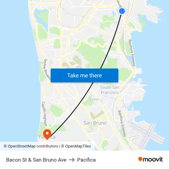 Bacon St & San Bruno Ave to Pacifica map