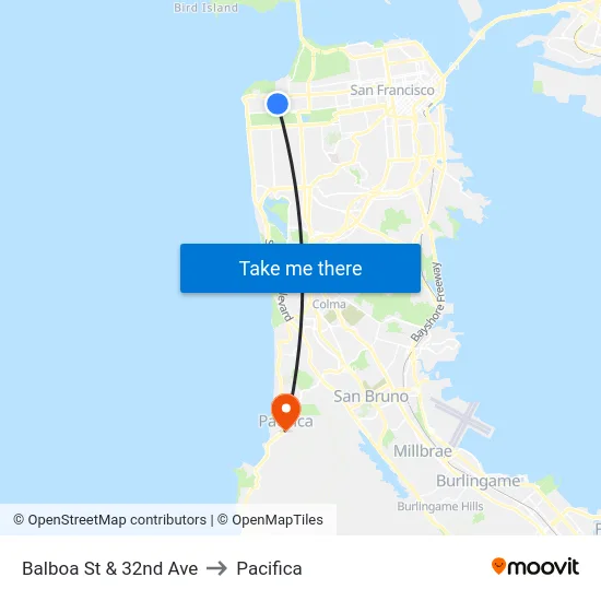 Balboa St & 32nd Ave to Pacifica map