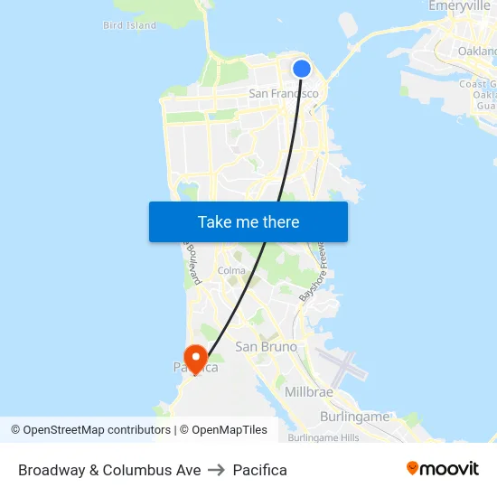 Broadway & Columbus Ave to Pacifica map