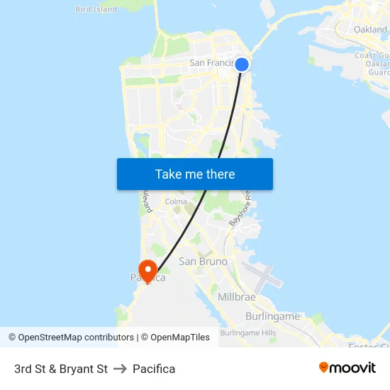 3rd St & Bryant St to Pacifica map