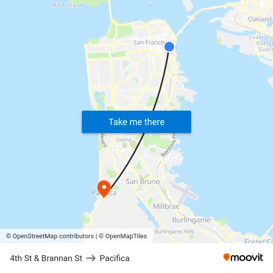 4th St & Brannan St to Pacifica map