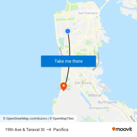 19th Ave & Taraval St to Pacifica map
