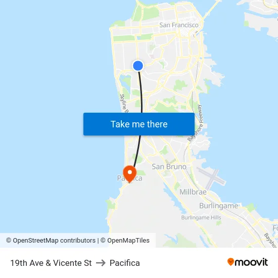 19th Ave & Vicente St to Pacifica map