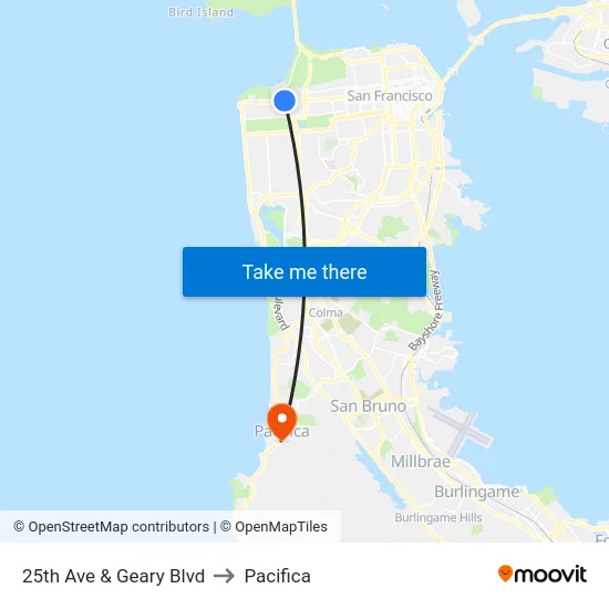 25th Ave & Geary Blvd to Pacifica map