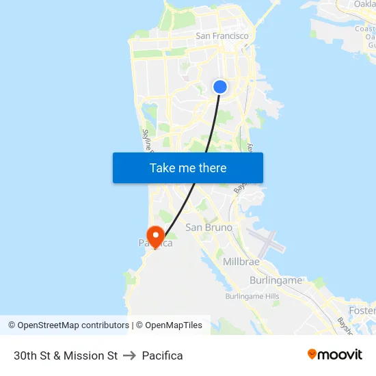 30th St & Mission St to Pacifica map