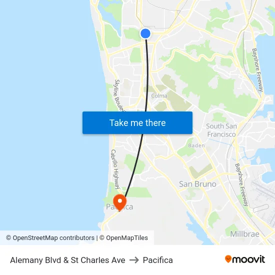 Alemany Blvd & St Charles Ave to Pacifica map
