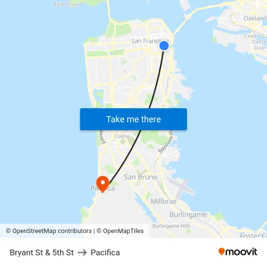 Bryant St & 5th St to Pacifica map