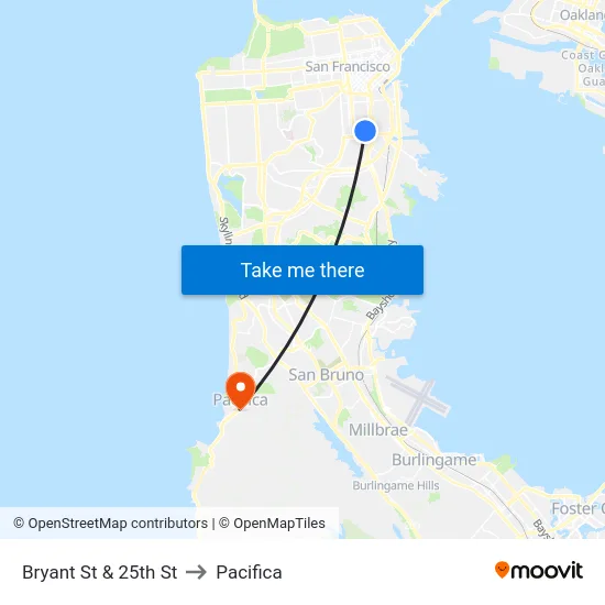 Bryant St & 25th St to Pacifica map