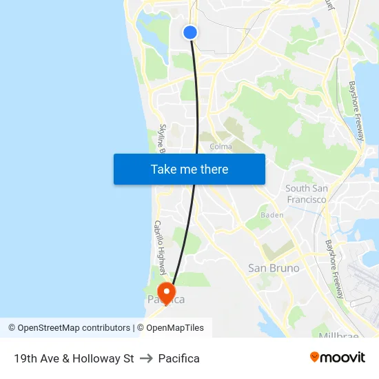 19th Ave & Holloway St to Pacifica map