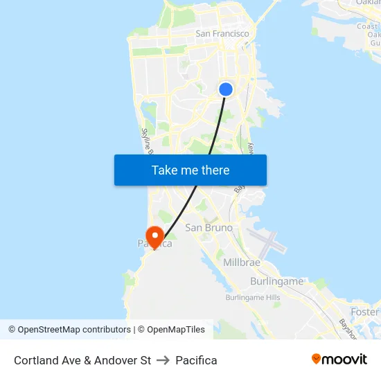 Cortland Ave & Andover St to Pacifica map