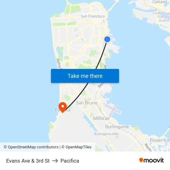 Evans Ave & 3rd St to Pacifica map