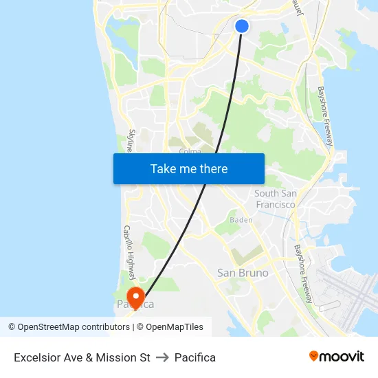 Excelsior Ave & Mission St to Pacifica map