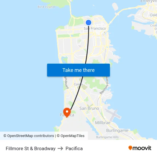 Fillmore St & Broadway to Pacifica map