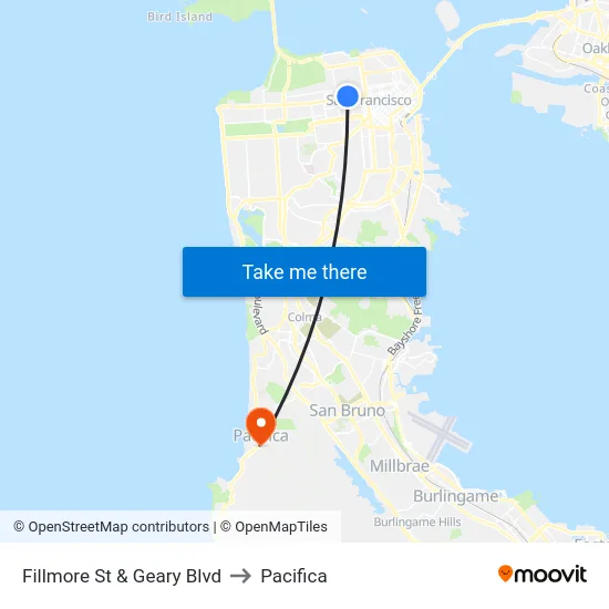 Fillmore St & Geary Blvd to Pacifica map