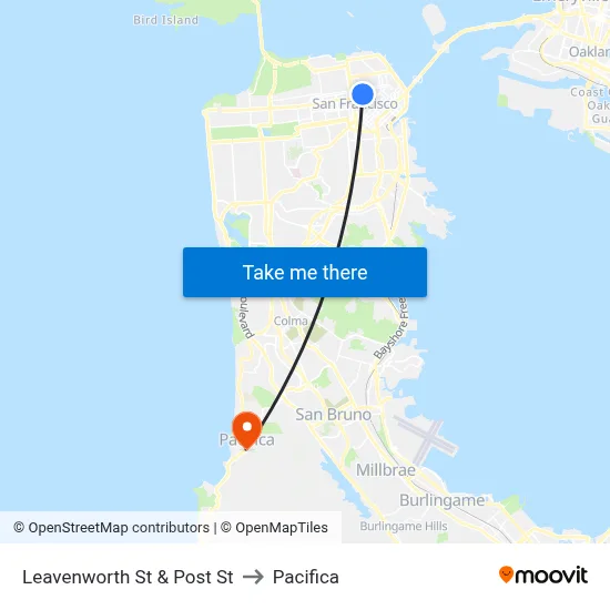Leavenworth St & Post St to Pacifica map