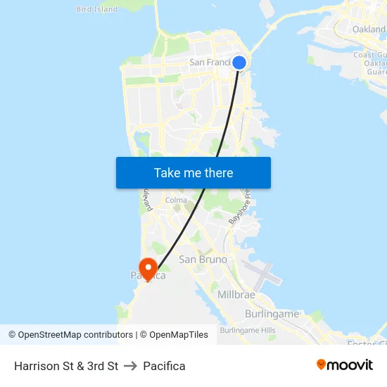 Harrison St & 3rd St to Pacifica map
