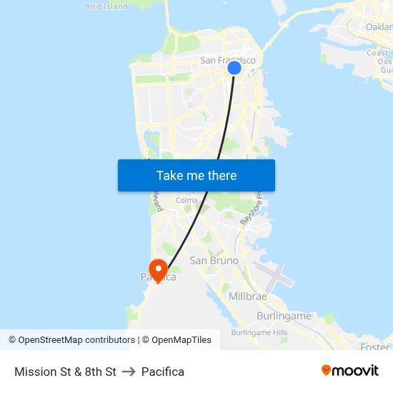 Mission St & 8th St to Pacifica map