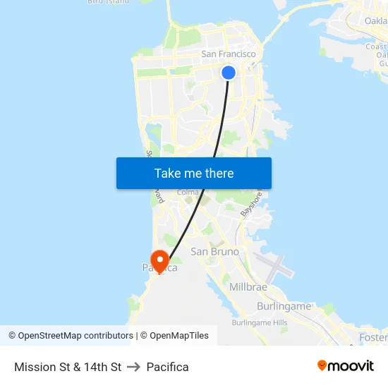 Mission St & 14th St to Pacifica map